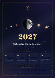 The cover of a sample NakshatraGanita Calendar 2027 for Bengaluru: the Moon and the five planets above the year